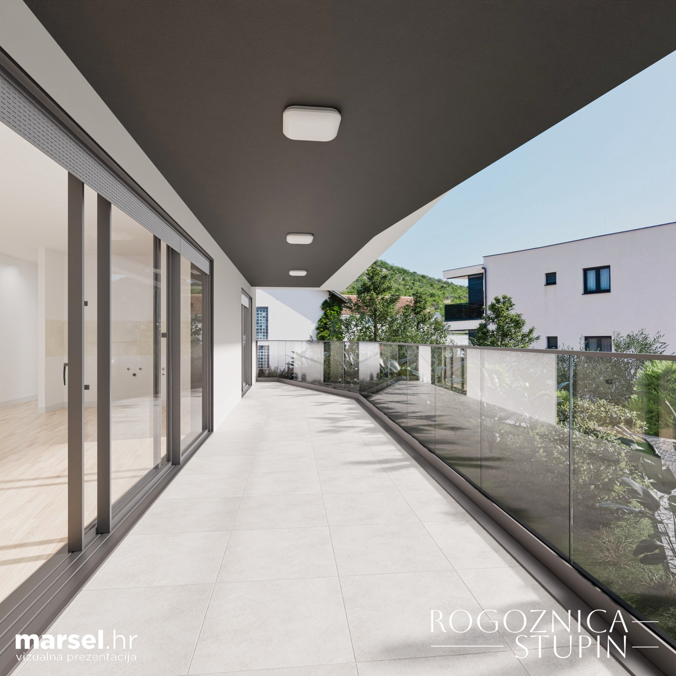 Vizualizacija interijera apartmana u novogradnji Rogoznica Stupin. Prostrani i svijetli unutarnji prostori s pogledom na more, idealni za stanovanje ili investiranje u apartman na dalmatinskoj obali.